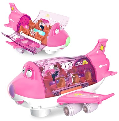 Ynybusi Pink Airplane Toys for Toddlers 1-3-5, Toy Airplane for 4-8 Year Old Boys Girls Birthday, Toddler Toys Bump and Go Action Air Plane with LED Flashing Lights & Sounds (Pink)