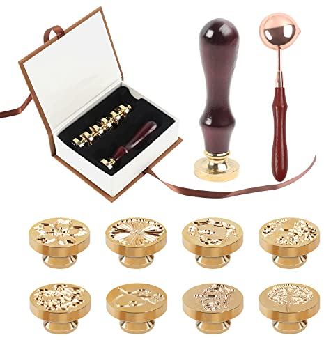 MaxAwe 11 Stk Wachssiegel Stempel Kit, Wachsstempel Vintage Siegelstempel, 8x Messing Köpfe, 1x Holzgriff, 1 Wachsschmelzlöffel mit 1x Geschenkbox, für Umschläge Hochzeitseinladung Einladungsschreiben
