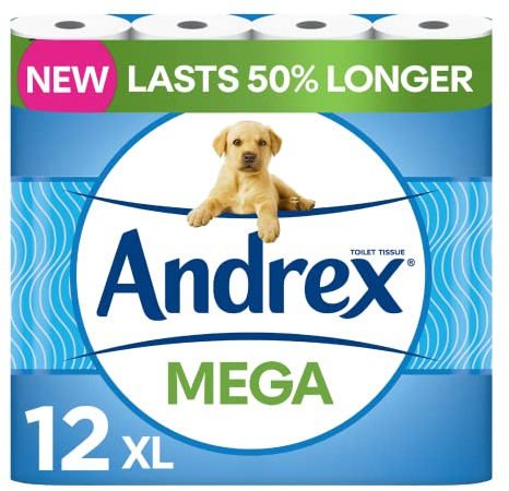 Andrex Classic Clean Mega Toilet Roll - 12 Mega XL - Same Quality Toilet Roll, Lasts Even Longer, 12 Mega Toilet Rolls = 18 Standard Rolls, Paper, White - 2-Ply,Packaging may vary