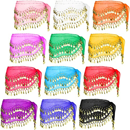 Yahenda 12 Pieces Belly Dance Hip Scarf Skirt with 128 Gold Coins Waist Chain Coin Sash Chiffon Dangling Bling Wrap Belt(Classic Colors)