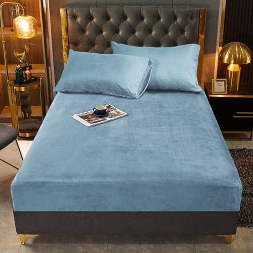 Winter Linen Sheet, 180 x 200 cm, Light Blue, Blue, Plush, Warm, Cuddly Fitted Sheet, Box Spring Bed, Terry Cloth, Velvet Fitted Sheet, 180 x 200 cm, Double Bed, Plain Bed Sheet for High Mattress
