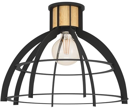 EGLO Deckenlampe Stillington, runde Deckenleuchte aus Holz und Stahl in schwarz, Wohnzimmerlampe im Vintage und Retro Design, Lampe Decke Wohnzimmer, E27 Fassung, Ø 42 cm