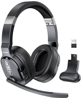TECKNET Bluetooth Headset with Microphone,2-in-1 Wireless Headset with Microphone,Noise Cancelling Headsets with 3 EQ Modes,Detachable Computer Headsets for office/call center/Skype (bright black)