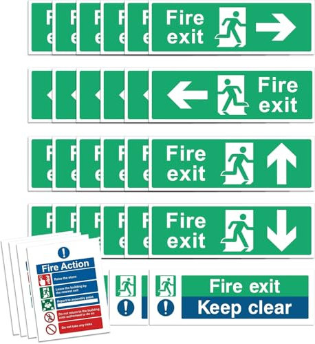 Rubigo 16PK/32PK Fire Exit Signs (RIGHT, LEFT, UP, DOWN ARROW) Keep Clear, Fire Action Safety Signs, 30 X 10cm, Self Adhesive Vinyl Sticker, Emergency Exit Door, Signage (32)