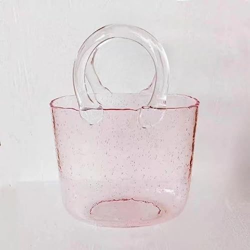 Purse Glass Vase,Cute Clear Glass Vase,Hand Blown Glass Vase for Centerpieces, Bedroom,Office Table Decor,Wedding Events,Gift & Small Fish Tank (Pink)