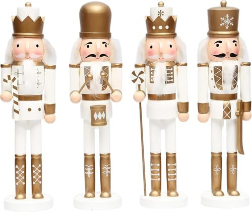 SHATCHI Cascanueces de Navidad de Madera Dorada/Blanca de 36 cm, Juego de 4 Piezas, Figuras de marioneta de Soldados, Rey Baterista, decoración del hogar