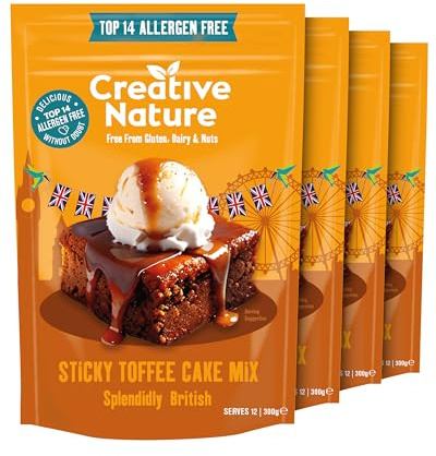 Gluten Free Cake Mix | Creative Nature Vegan Sticky Toffee Pudding Mix | Nut Free, Dairy Free Baking Mix | Top 14 Allergen Free | 4 Pack