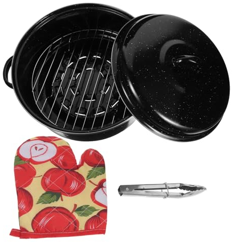 OUNONA Roasting Pan with Rack and Lid 26cm Enamelware Baking Pan for Oven Use Kitchen Accessory with Gloves and Roasting Tongs Suitable for Home Cooking and BBQ