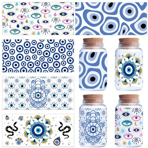 CREATCABIN 5 Hoja Pegatinas Transferencia Mal Ojo Azul Vasos Vidrio Pegatinas Frotar En Transferencias Calcomanía UV DTF Envoltura Taza PVC Impermeable Mano Hamsa Pegatinas Bohemias Muebles 24x11 cm