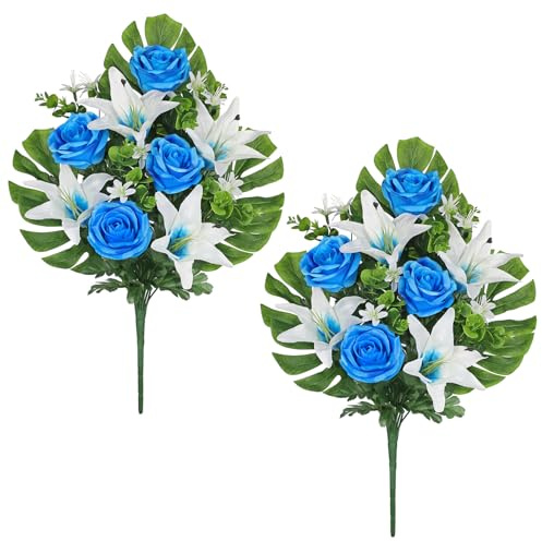 Oairse set om 2 konstgjorda gravblommor gravdekorationer med konstgjorda krysantemum och liljor, uppläggningar, konstgjord blomma, gravdekoration för gravdekoration, kyrkogård, kyrkogård, dekoration,