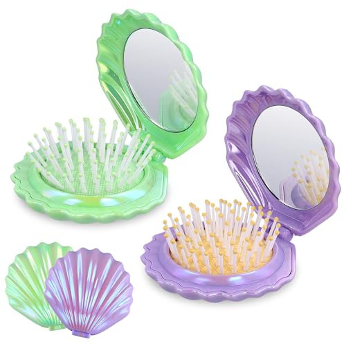 2 Cepillos de Pelo de Viaje, Cepillo de Pelo de Bolsillo con Forma de Concha con Espejo Cepillo de Pelo Plegable Portátil Mini Cepillo de Pelo Compacto para Mujeres (Verde + Morado)