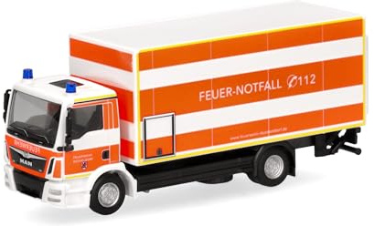Herpa LKW Modellfahrzeug MAN TGM Koffer-LKW mit Ladebordwand Feuerwehr Düsseldorf, Miniatur im Maßstab 1:87, Sammlerstück, Made in Germany, Modell aus Kunststoff, Orange