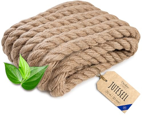 Creative Deco Thick Heavy Duty Jute Rope Natural Brown | 20mx30mm | Twisted | Hemp Rope | Personalisation Every 5m | Twine Decking Rope Cord Cat Arts Crafts Garden Hammock Swing | Strong Durable String