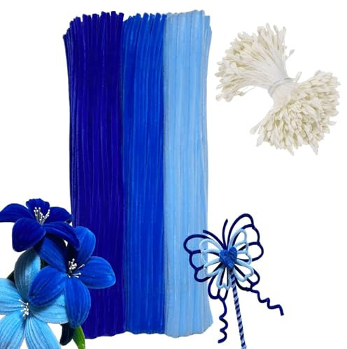 Canollo 300 Stück Pfeifenreiniger mit 350 Stück Staubblatt, Pfeifenputzer zum Basteln, 3 Verschiedene Blau Pipe Cleaner Flower Set, Pfeifenreiniger Blumen 30cm Chenilledraht für Kreative DIY-Projekte