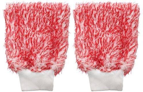 sourcing map 2pcs Microfiber Car Wash Mitts 10 x 8 Scratch Free Wash Gloves Absorbent Double Sided Plush Cleaning Drying Mitts for Car Washing Home Clean Red White