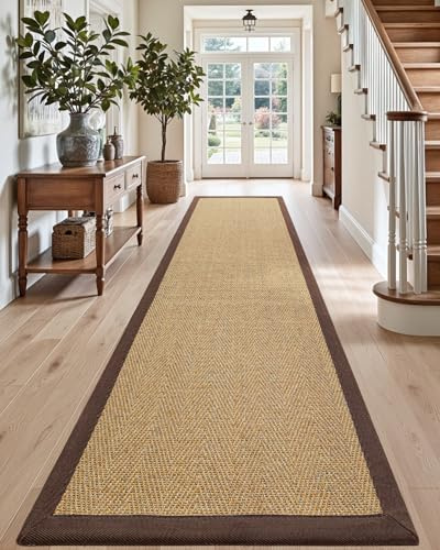 DEXI Jute Hallway Runner Rug 3x7, Woven Braided Natural Fiber Non Slip Runner Inside, Farmhouse Runners Carpet Indoor for Entryway Kitchen Luandry, Natural/Brown