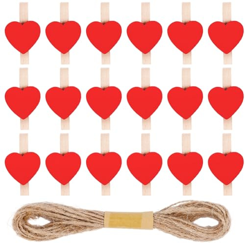 CRASPIRE 50 pz Mollette da Bucato in Legno Rosso Mini Mollette A Forma di Cuore Graziose Mollette da Bucato in Legno Naturale con Spago di Iuta Riutilizzabili per Fai da Te Artigianato Foto