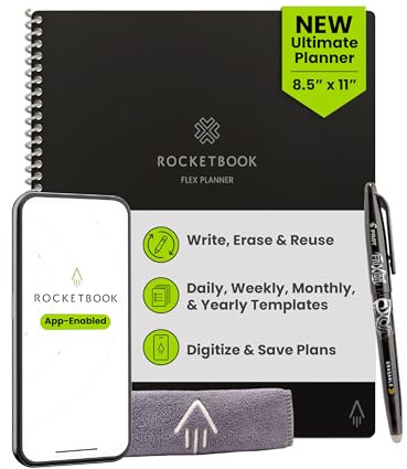 Rocketbook Flex wiederverwendbarer Planer, Briefgröße 21,6 x 28,9 cm, Schwarz | Intelligente undatierte Vorlagen für tägliche, wöchentliche und monatliche Jahreskalender, inklusive Stift und Handtuch