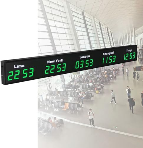 Hydravex Orologio Mondiale Digitale a LED di Grandi Dimensioni da Parete, con 3/4/5 fusi orari modificabili, Orologio Digitale con più fusi orari per aziende multinazionali e Hotel Green-5City