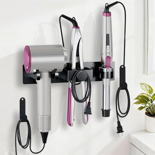 Hair Dryer Holder Wall Mount with Plug&Cord Organizer, Curling Iron Holder Flat Iron, Bathroom Hair Tool Organizer and Storage, Straightener Holder, Metal Blow Dryer Holder Rack for Most Dryers（Black）