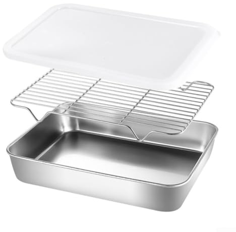 Lot de 3 plaques de Cuisson en Acier Inoxydable, avec Grille de Refroidissement et Couvercle, pour rôtir, pâtisserie, Cuisine et Stockage du réfrigérateur (23 x 17 x 5 cm)