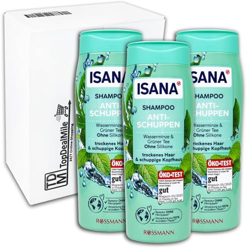 TopDealMile - Confezione di scorte per ISANA Shampoo anti forfora, menta acquatica e tè verde, 3 x 300 ml