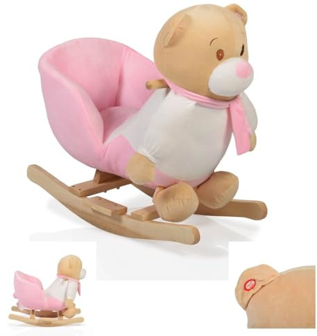 Plüsch Schaukeltier Bär rosa WJ-635 mit Handgriffe aus Holz ab 12 Monate