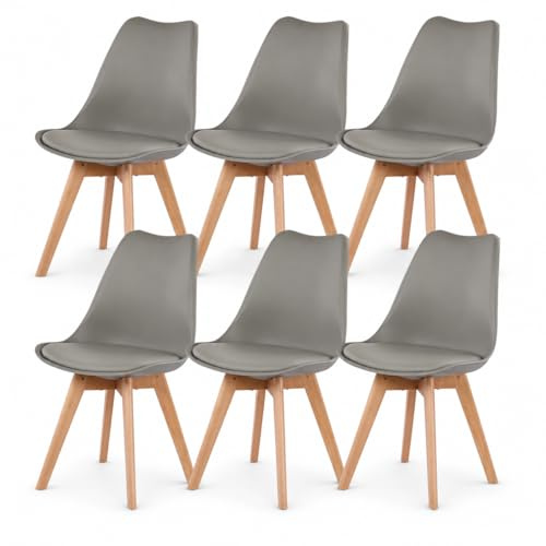 EGGREE 6er Set Esszimmerstühle mit Massivholz Buche Bein SGS Geprüfter, Retro Design Gepolsterter Stuhl Küchenstuhl Holz, Grau