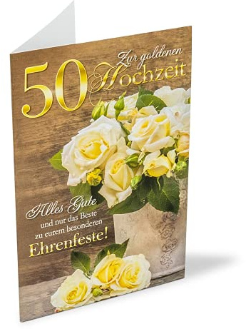 KE - Klassische und Liebevolle Glückwunschkarte zur Goldenen Hochzeit, Karte zu 50 Jahre Hochzeitstag, DIN A6 Klappkarte inkl. Umschlag, Ohne Innentext, Motiv: Gelbe Rosen