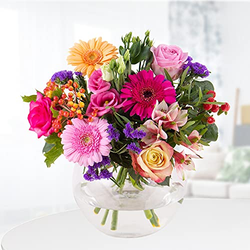Blumenstrauß Kunterbunt, Bunte Blumen versenden, handgebunden mit 7-Tage-Frische-Garantie, Gerbera, Rosen, Inkalilien und Lisianthus, Blumenversand, Geschenkidee für jeden Anlass