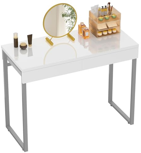 GreenForest Coiffeuse sans Miroir, 2 tiroirs Table de Maquillage Luminosité Réglable, 100 x 40 cm Coiffeuse Bureau 2 en 1, Moderne Chambre cosmétique avec métallique Pieds,Blanc et Argent