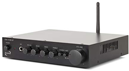 Dynavox ESA-18 MK BT - Amplificatore stereo compatto, terminali di connessione a vite per altoparlanti, antenna BT integrata e ingresso microfono, colore nero