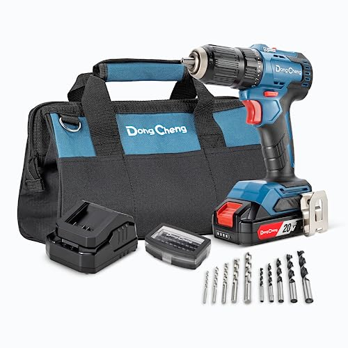 DongCheng Perceuse-visseuse sans fil 18V sans balais, 20+1, 13mm mandrin à serrage rapide 50N.m, 0-600/2000RPM, avec batterie Li-Ion 2,0Ah, avec kit de perçage/vissage 42 pièces