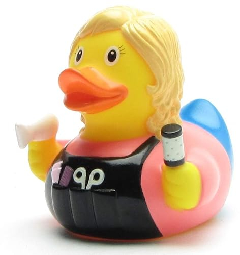 Duckshop I Canard de bain coiffeur I Canard couineur I L : 8,5 cm I avec porte-clés canard couineur dans le set I Cadeau artisanal I Cadeau idéal pour les femmes