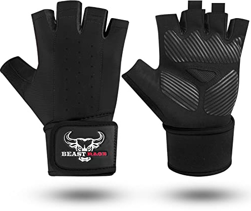 BEAST RAGE Guantes de Levantamiento de Pesas para Hombres y Mujeres, muñequera Acolchada, protección de la Palma, Transpirables, Ajustados, para Fitness, Entrenamiento, Guantes de Gimnasio (S, Negro)