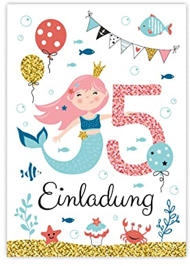 Minkocards 12 Einladungskarten zum fünften Kindergeburtstag 5. Geburtstag Mädchen Meerjungfrau Einladungen zum Geburtstag Kinder bunte Geburtstagseinladungen