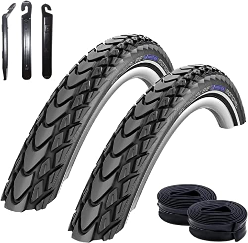 2 x Schwalbe Marathon Mondial Performance Fahrradreifen RaceGuard E-25 Fahrrad Mantel Decke 47-622 (28 x 1,75) + 2 x Schwalbe Schläuche AV17 inkl. Reifenheber