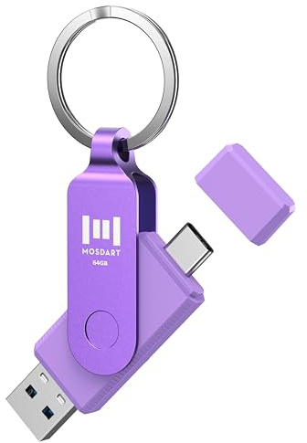 MOSDART 64GB USB C 3.2 Fast Speed C and A Dual Flash Drive, exFAT Memory Stick with Keychain and LED Indicator, for iPhone 15,16,17, Android Phone, iPad, MacBook, and Other Laptops, Purple