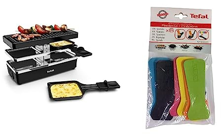 Tefal RE2308 Plug & Share Raclette 400 W 2 poêlons + plaque de cuisson Interrupteur marche & Lot de 6 Spatules avec œilletons Thermoplastiques pour Crépières, Raclettes et Wok Party XA900203
