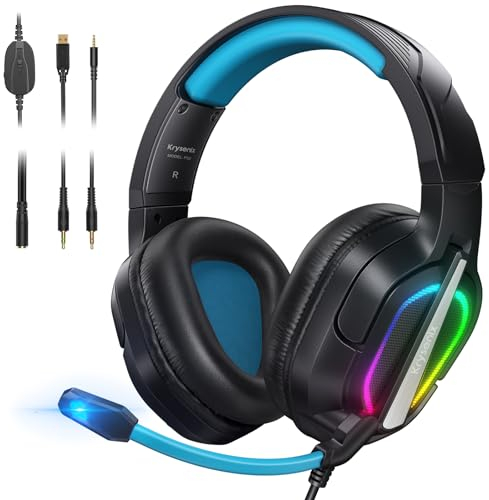 Krysenix PG2 RGB Gaming Headset für PS4, PS5, PC, Nintendo Switch, Xbox, Headset mit Mikrofon, Gaming Kopfhörer mit Mikrofon, Noise Cancelling Kopfhörer mit 3.5mm Klinke Schwarz/Blau