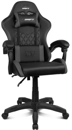 DRIFT GAMING DR35 - Silla Profesional, Polipiel, Reposabrazos Acolchados, Pistón Clase 3, Base Nylon Reforzada, Asiento basculante, Altura Regulable, Cojín Lumbar/Cervical, Negra/Gris
