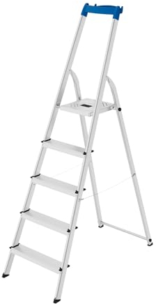Hailo Stehleiter L58E StandardLine - klappbare Aluleiter mit 5 Stufen und Multifunktions-Ablage - max. Arbeitshöhe bis 307 cm - belastbar bis 150 kg - Silber