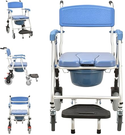 VFDZ Duschstuhl Toilettenstuhl für Senioren, Toilettenstuhl mit Rollen Klappbar, Dusch WC mit Armlehnen, Angenehm weiches Kissen - 4 Räder mit Bremsen