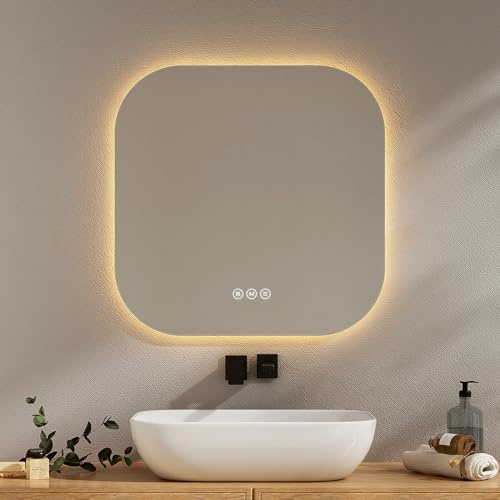 EMKE Badspiegel mit Beleuchtung 60x60cm, 3 Lichtfarben Dimmbar | Badezimmerspiegel mit Anti-Beschlag, Touchschalter, Speicherfunktion, IP44 Schutz, einfache Wandmontage