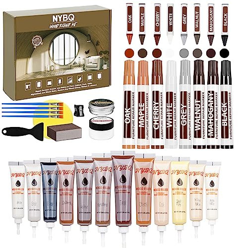 NYBQ Laminate Floor Repair Kit-Set of 41pcs Wood Filler Putty Wooden Vinyl Floor Repair Kit Touch Up Markers Pen, Furniture Scratch Repair Scratches, Cracks, Hole for Table, Door, Cabinet.