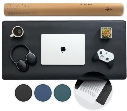 Nordik Felt and Leather Desk Mat Non-Slip - Black - 35 X 17 Inch - Felt and Vegan Leather Desk Pad - Document Organizers - Desk Blotter and Desktop Mat - Desk Protector Laptop Desk Matt for Desktop
