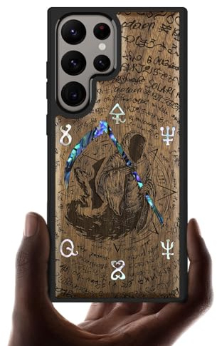 Carveit Handcrafted Case for Galaxy S24 Ultra (The Grim Reaper-Walnut) | Samsung Galaxy S24 Ultra Case - Compatible with MagSafe Wireless charger - Wood Engraved Shell Inlaid - TPU Shockproof Bumper