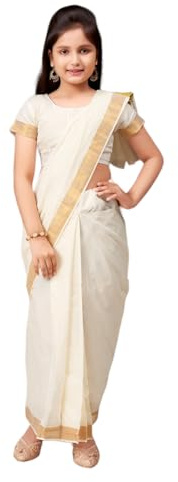 Aarika flickor bomullsblandning sari, Grädde, 8 Years-9 Years