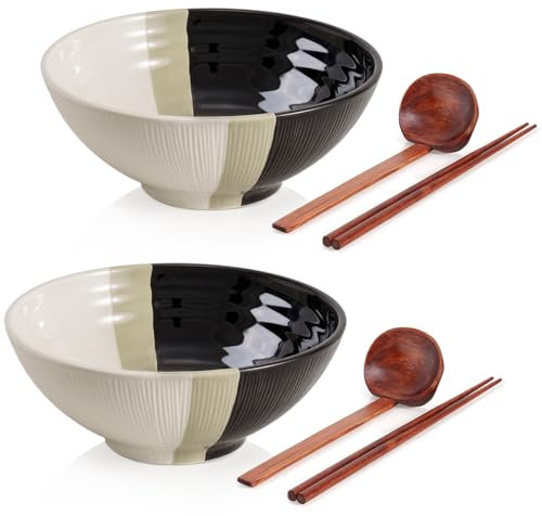 Onniyor Ceramic Japanese Ramen Bowl Set, 60 oz Large Noodle Bowls with Matching Spoons and Chopsticks for Udon, Soba, Pho, Salad and Pasta, Deep Soup Bowls, Set of 2, Creamy, Green to Black