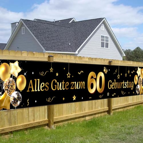 60. Geburtstag Banner für Mann - Gold-Schwarz, Lange Hintergrund Banner mit 'Happy 60th Birthday' Motiven, 40x270 cm